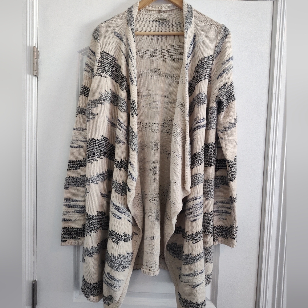 Lucky Brand Beige and Blue Southwestern Striped Waterfall Cardigan
